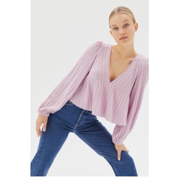 Urban Outfitters Lilac Ribbed Cropped Babydoll Peplum Long Sleeve Top size Small - Picture 1 of 7